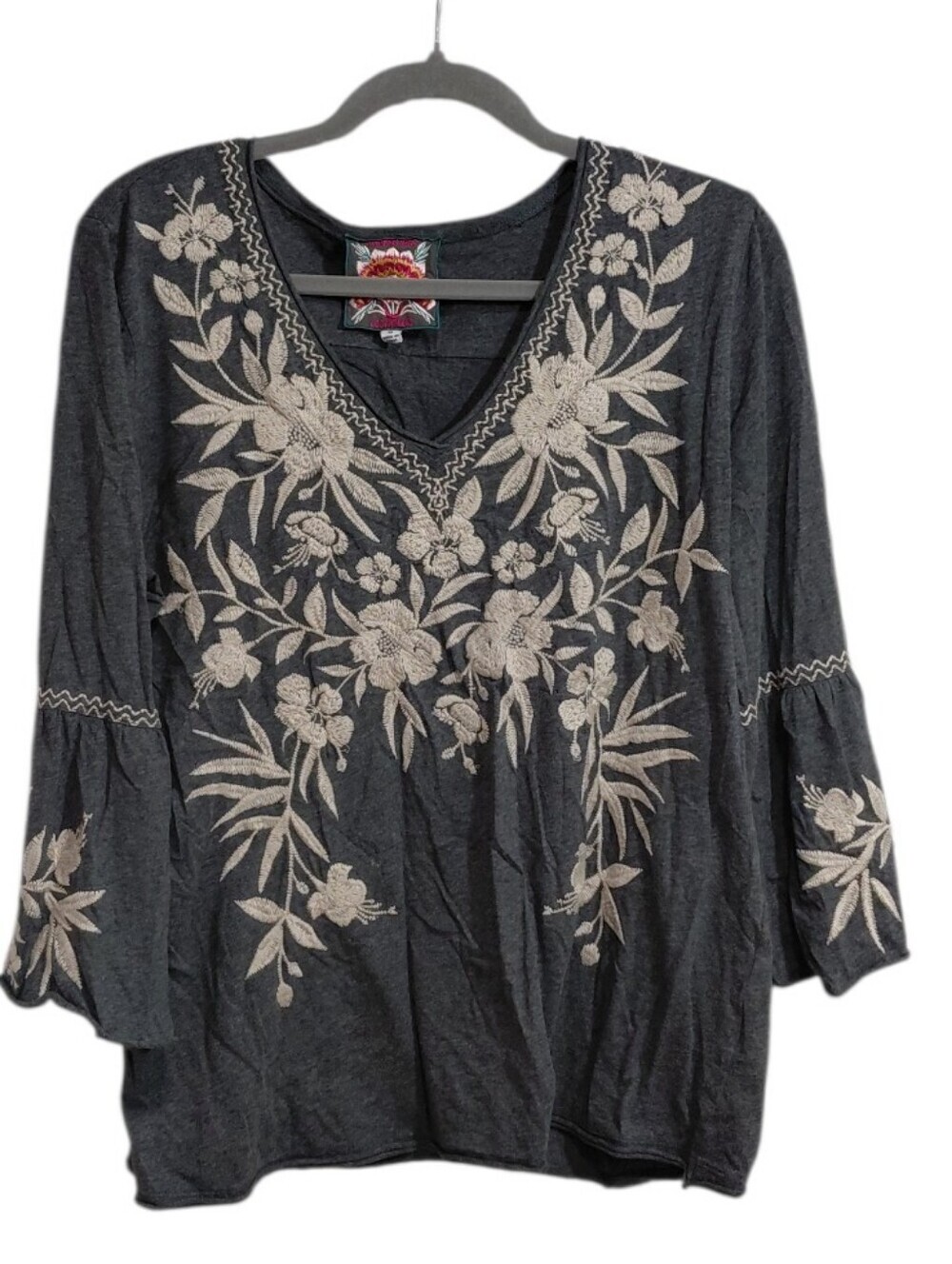 Johnny Was Black V-Neck Tunic with Cream Floral Embroidery